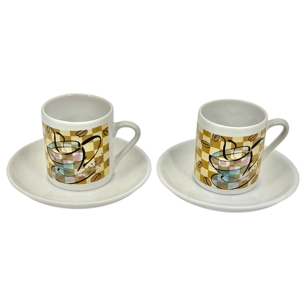 2 Contemporary Espresso Cup Saucer Coffee Bean Checkered Yellow Brown Graphic